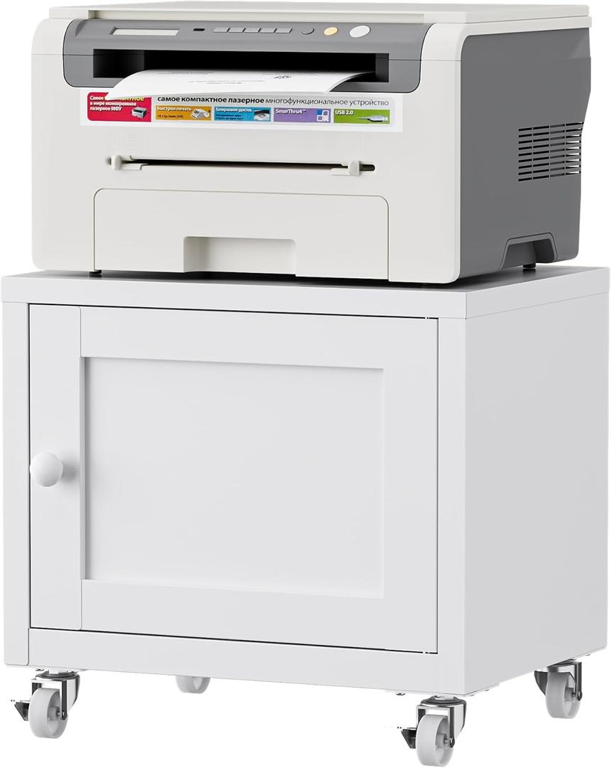 Small Printer Stand with Storage, Home Office Printer Table for Small Spaces, Under-Desk 3D Printer Stand with Wheels, for Office Copier and Fax Machine, White