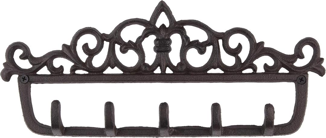 GASAR, Key Holder for Wall Mount, Cast Iron Key Hook, Victorian Design, Screws and Anchors, Large Size of 12 x 5 Inches, Brown, 1 Unit