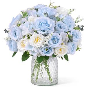 Yastouay 2 Bouquets Peonies Artificial Flowers, Mixed Light Blue & White Fake Peonies with Large Bloom, Silk Peony Flowers Faux Peony Bouquet for Wedding Centerpieces, Table, Vase & Home Decor