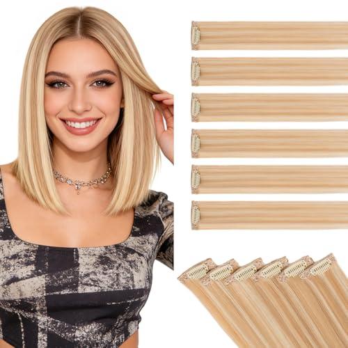 Benehair 2PCS Clips In Human Hair Extensions Light Ash Brown Mixed Bleach Blonde Short Straight Mini Clip Ins Balayage Highlights Natural Clip On Hairpin Hairpiece For Women 14inch 36g #18RP613R