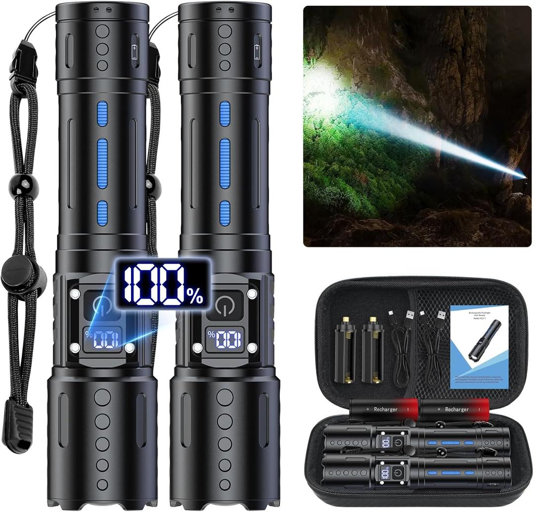Flashlights High Lumens Rechargeable - Super Bright Tactical LED Flash Light, Dimmable&Memory Function Powerful Waterproof Flashlight for Camping,6 Modes,Zoomable,LCD Display (2, Black)