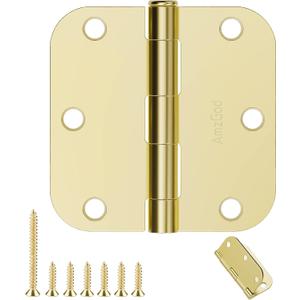 Door Hinges Polished Brass - 12 Pack Gold Door Hinges 3.5 Inch Rounded Interior Door Hinge with 5/8" Radius - 3 1/2 Inches Flat Iron Brass Hinges for Residential Standard Doors