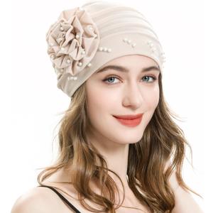 ZLYC Women Turban Beanie Hat with Flower Chemo Headwear Elastic Head Wrap Cap (One Size)