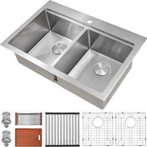 33 Inch Sink Drop-In Topmount Double Bowl, 16 Gauge 50/50 Double Bowl Stainless Steel Workstation Sink, 33" x 22" x 10" Large and Deep Kitchen Sink With Accessories