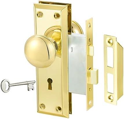 newliplace Mortise Lock Set for Interior Door, Antique Door Knobs Polished Gold Door Knob with Lock and Key, Vintage Mortise Keyed Lock Set