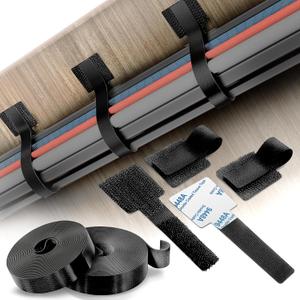 2 x Cable Management Kit 40 Self-Adhesive Hook & Loop Cable Ties with 2 Extension Straps, Strong Adhesive Cord Organizer for Desk, Wall, Home & Office Adjustable Wire Holders (Black)