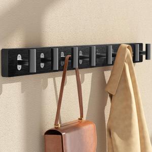 2 Pack Coat Rack Wall Mount, Black Coat Hooks Wall Mounted with 8 Metal Heavy Duty T Shaped Hooks, Pine Soild Wood Large Coat Hanger for Entryway, Living Room, Bathroom (32.3")