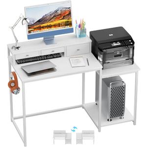 SINPAID 47 inch Computer Desk with Printer Shelf, Gaming Desk with Monitor Stand and Drawers, Reversible Home Office Desk with Storage Shelves and 2 Hooks, Home Workstation for Study Writing, White, 47x19 in