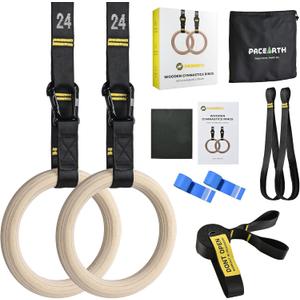 PACEARTH Gymnastics Rings 32mm Wooden Olympic Rings Support 1500lbs Locked Carabiners 9ft Double-Layer Numbered Straps Non-Slip Gym Rings with Foot Straps Door Anchor for Home Gym Full Body Workout