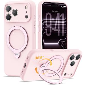 Compatible with iPhone 17 Pro Max Case 6.9'' with 360 Spin Magnetic Ring Stand[Compatible with Mag-Safe] Soft Liquid Silicone 17 Pro Max Case for Men Women,Pink
