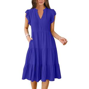 ANRABESS Womens Summer Dress Ruffle Sleeve V Neck Midi Dresses Fashion Casual Fit Flowy Tiered Boho Beach Vacation Sundress (X-Large, Royal Blue)
