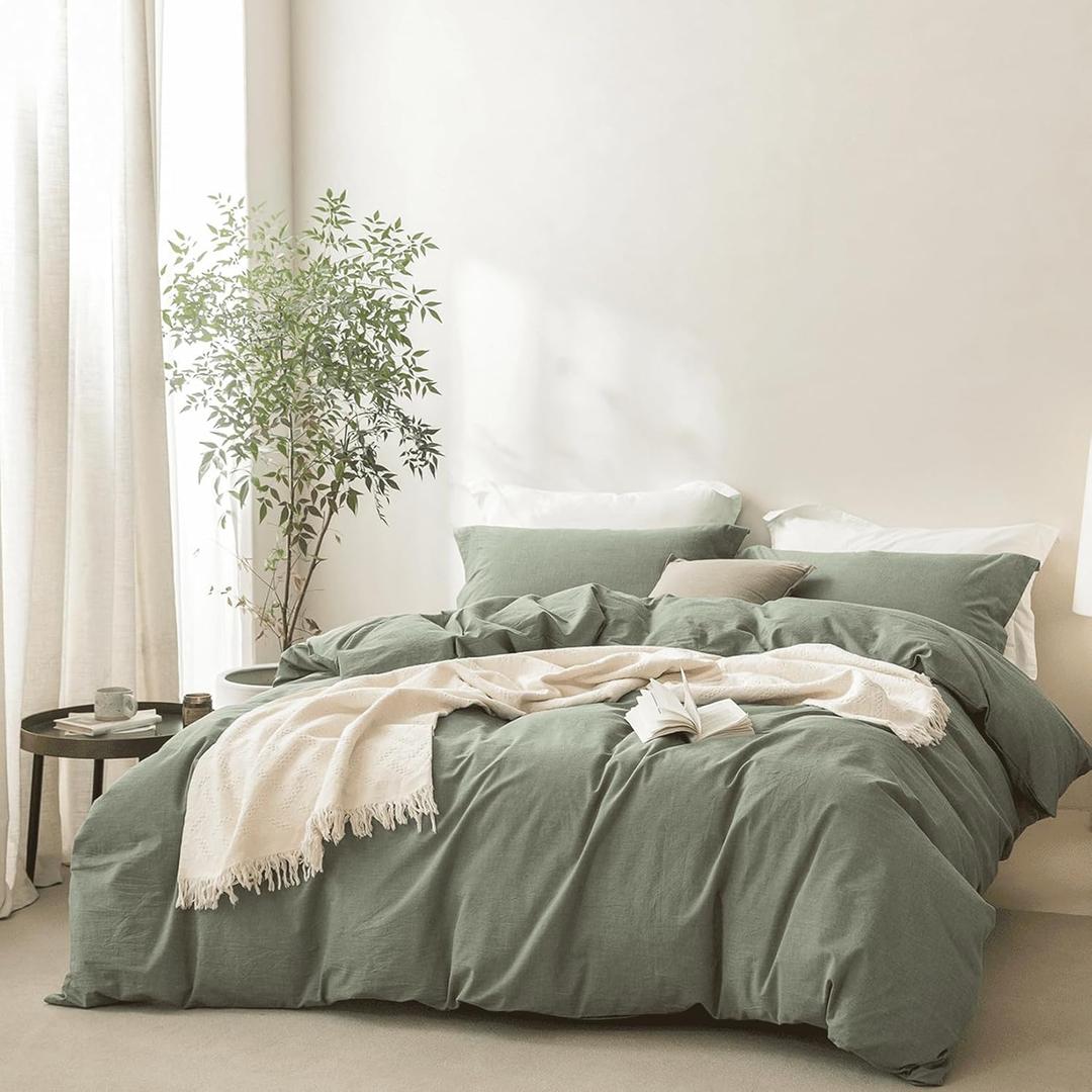 Linen Feel Heathered Green Duvet Cover Full Size 90'' L x 80'' W, Percale 100% Washed Cotton Duver Cover with Zipper Closure Plus 2 Pillowcases, Oeko TEX Standard Certificated