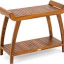 StrongTek Long Teak Shower Bench with Handles and Shelf, Solid Teak Wood Bathroom Bench, Quick-Dry Slatted Bath Bench, 29.5" L x 12.5" D x 24" H, 400 lbs Capacity, for Shower or Bathroom