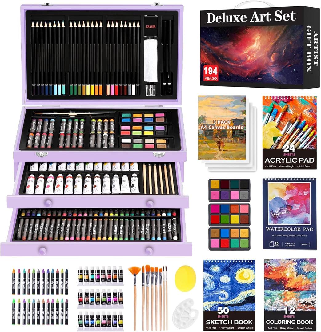 194 Piece Deluxe Art Set, Painting Drawing Art Supplies with 4 Drawing Pads, Acrylic Paints, Crayons, Colored Pencils Set in Wooden Case, Art Kit Gift Box for Kids, Teens, Adults, Artists, Beginners (Purple)