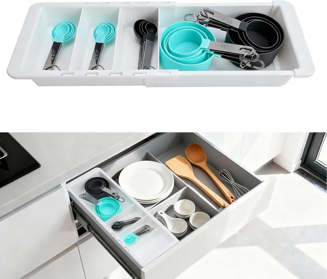 Expandable Measuring Cup Organizer & Measuring Spoon Organizer for Deep Drawers, 11.4''18.1'' Adjustable Kitchen Drawer Organizer with 3 Dividers, Space-Saving Flatware Bin for Home & Kitchen