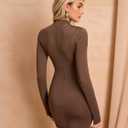Long Sleeve Bodycon Mini Dress Ruched Hollow Out Mock Neck Party Club Short Dresses for Women 2025 Brown (M)