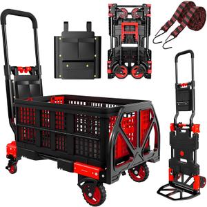 Folding Hand Truck, 2 in 1 Portable Heavy Duty Carrying Moving Dolly Cart with 4 Foldable Wheels and Retractable Handle Duty 330lbs (Red with Folding Basket)