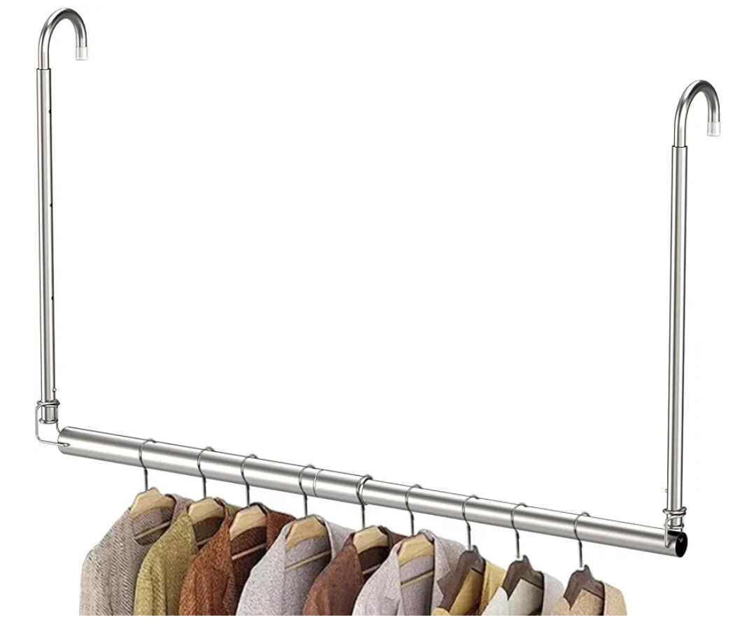 Hanging Closet Rod, Adjustable Height & Width Closet Rods for Hanging Clothes-Closet Extender Hanging Rod Space-Maximizing Design Suitable for Hanging and Drying Clothes, Silver