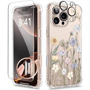 GVIEWIN for iPhone 16 Pro Case, with Screen Protector & Camera Lens Protector, Floral Shockproof Protective Bumper Slim Clear Phone Cover for Women 2024 6.3'', Vibrant Spring
