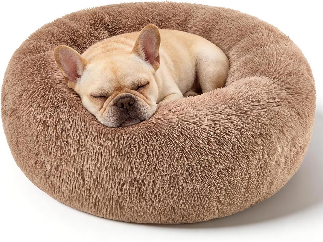 Dog Calming Beds for Small Medium Large Dogs - Round Donut Washable Puppy Dog Bed, Anti-Slip Faux Fur Fluffy Donut Cuddle Anxiety Cat Pet Bed(20'' Khaki