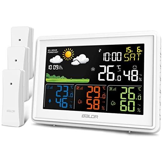 BALDR Wireless Weather Station with 3 Sensors, Color Display Digital Atomic Clocks with Indoor Outdoor Temperature (White)