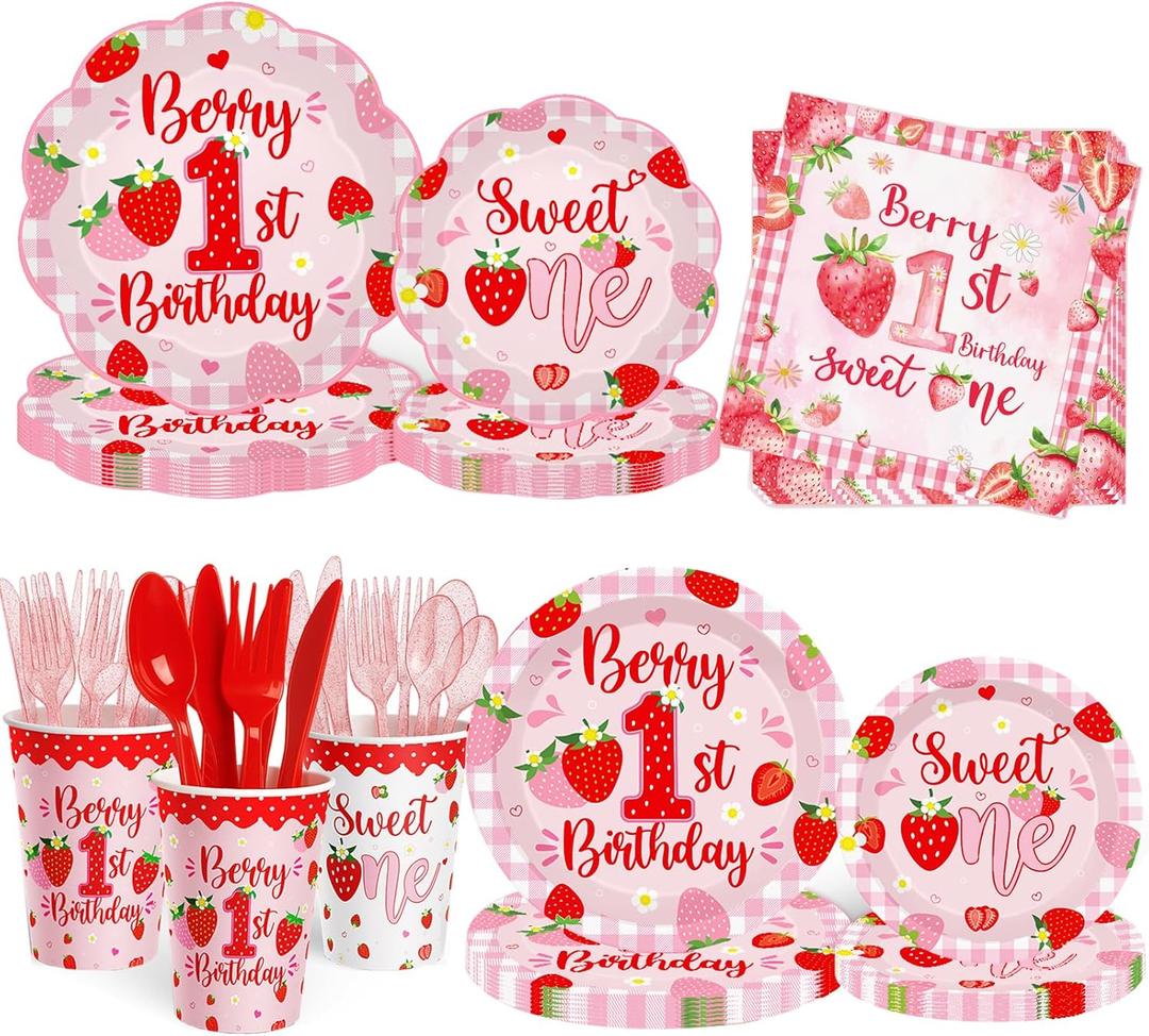 Berry First Birthday Decorations Strawberry 1st Birthday Tableware Set Sweet One Strawberry Bday Party Supplies Decor for Girls include Disposable Plates Napkins Cups Forks Knives Serve 30