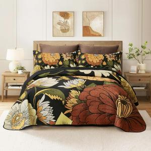 3 Piece Black Boho Floral King Size Quilt Sets Reversible Farmhouse Botanical Lightweight Bedspread Coverlet with 2 Shams Mid Century Microfiber Bedding Quilts Set for All Season, 106''x96''