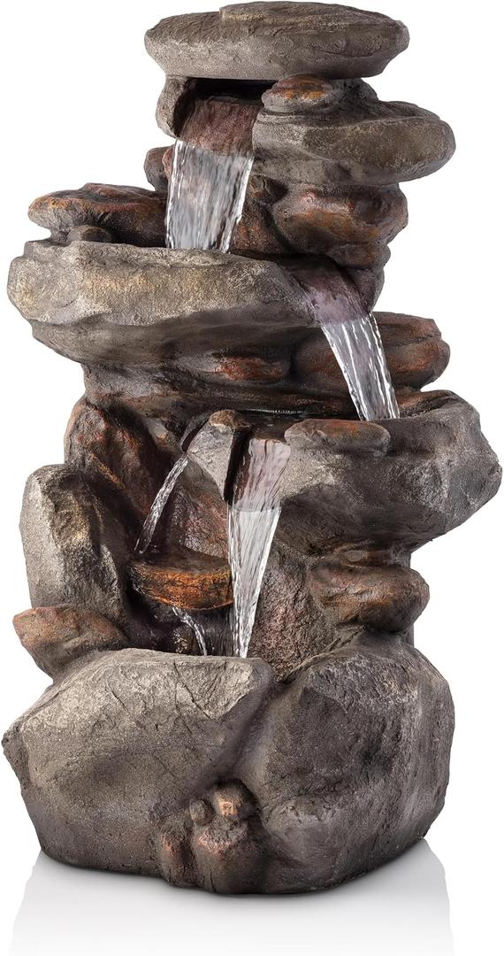 Alpine Corporation | 40" 4-Tier Rock Floor Fountain with Cascading Water & White LED Lights, Tranquil Outdoor Water Feature for Garden, Patio, Yard & Deck, Light Gray, 23"L x 18"W x 40"H