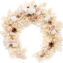 Ling's Moment Flower Garland - 6FT Eucalyptus & Rose - Sweetheart Table Decor for Wedding Reception, Artificial Floral Garland for Mantle, Thanksgiving, Christmas Decoration, White & Beige