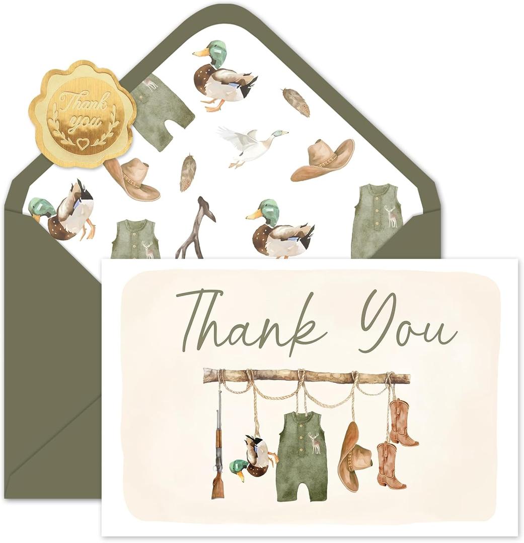 FYSUIMU 50 Pack Baby Shower Thank You Cards Green Baby Cloth Mallard Duck Note Cards with Envelopes Stickers Boxed Greeting Blank Card for Boy Birthday Supplies