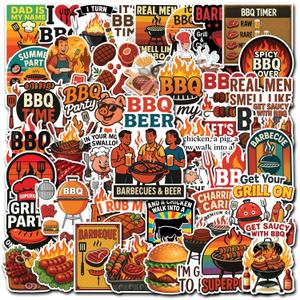 50 Pcs BBQ Stickers Cartoon Barbecue Sticker Cute Food Waterproof Decals Water Bottles Recipe Book Laptop Scrapbooking Skateboard Phone Case Fridge Kitchen Decor Gifts for Adults Women
