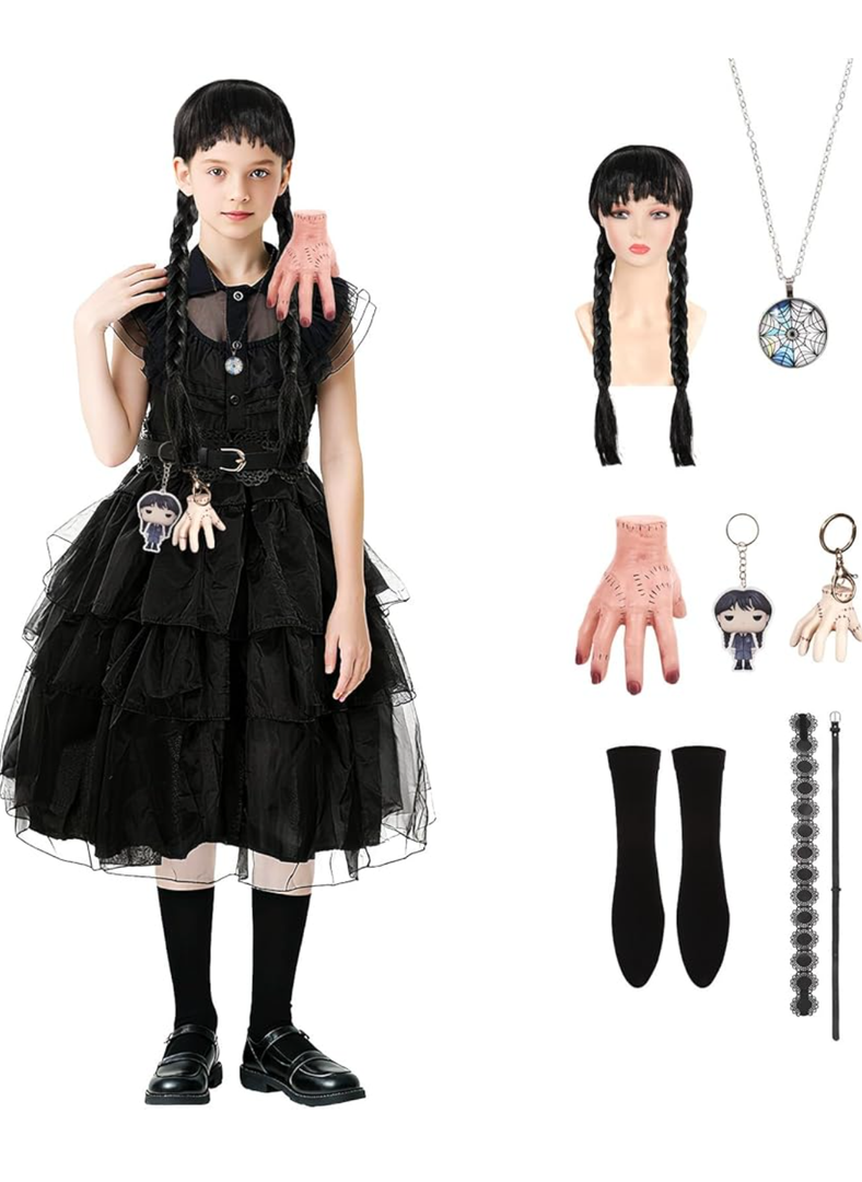 Black Costume Dress for Girls 4-12 Years Girls Outfits with Accessories Dress Up Set Halloween Cosplay Party