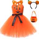 Little Girls 3PCS Halloween Layered Tulle Tutu Dress Headband and Bag Pumpkin Princess Party Cosplay Outfits Clothes (6-7 Years, Orange)