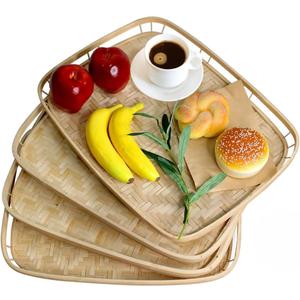 PEMAR Set of 4 Bamboo Wicker Serving Trays for Foods & Drinks, Rectangular Breakfast Lap Trays with Handles Wooden Decorative Platters for Coffee Table, Bed Eating