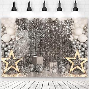 Glitter Sliver Disco Party Backdrop Women Birthday Reception Photography Background Cake Table Decor Backdrop Adult Children Portrait Background Photoshoot Props (10x6ft)