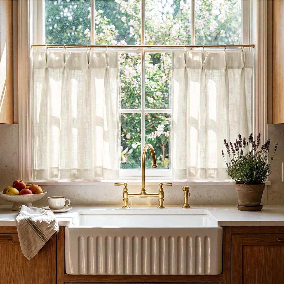 RYB HOME Pinch Pleated Kitchen Curtains Over Sink 36 inches Length, Light Filtering Semi Sheer Privacy Linen Textured Half Window Curtain Tier for Bathroom Cabinet, 26" W x 36" L, Ivory, 2 Panels