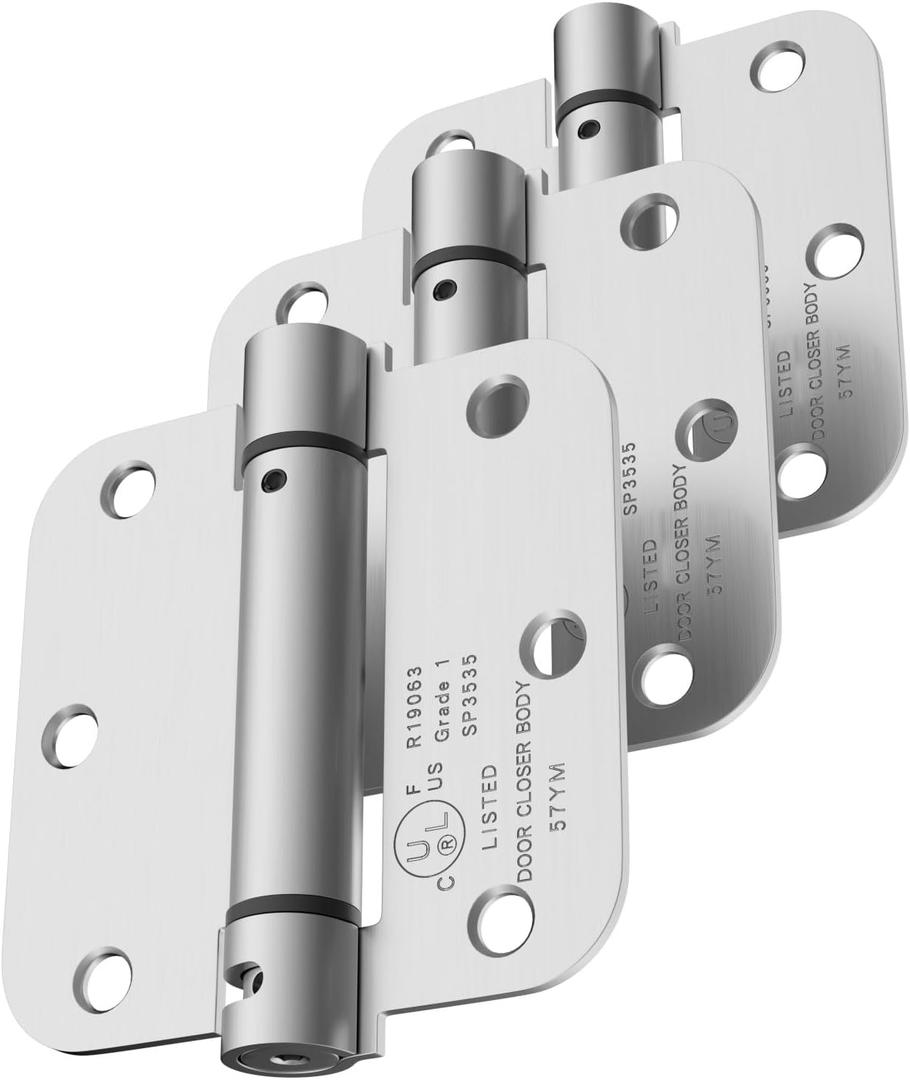 Self Closing Door Hinges, 3.5 Inch x 3.5 Inch, 5/8" Radius, UL Listed, Pack of 3, Brushed Nickel