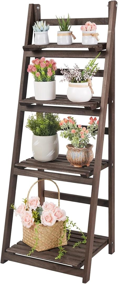 unho 4 Tier Plant Stand: Tall Ladder Shelf Wooden Step Display Rack for Small Potted Plants Flowers Succulents Indoor Garden Patio Lawn Decors