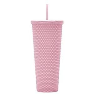 24oz Fully Studded Tumbler.Matte Light Pink Studded Tumbler with Lid and Straw.Reusable Double Walled Insulated Travel Tumbler.Plastic Acrylic Pastel Colored Tumbler Cup for Iced Coffee Smoothie.