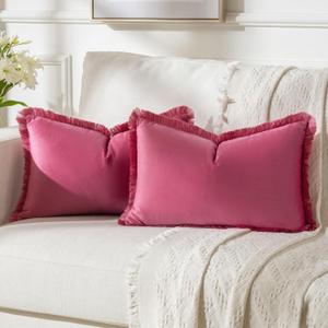 FUTEI Hot Pink Velvet Decorative Throw Pillow Covers 12x20 Set of 2,Soft Cozy Edge with Tassels Lumbar Pillow Cases,Boho Modern Home Decor for Couch Bed Living Room