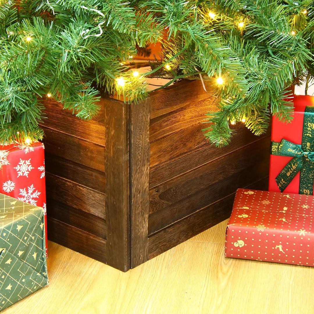 Macarrie Wood Christmas Tree Collar Box Washed Tree Stand Cover Rustic Christmas Tree Box Skirt Farmhouse Christmas Tree Skirts Replacement Blocks for Christmas Tree Decorations(Brown,22 x 12 Inch)