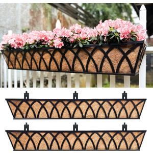 LaLaGreen Deck Railing Planter Outdoor (48 Inch, 2 Pack) Extra Large Metal Wall Hanging Planters with Coco Liner Black Rectangular Window Boxes Plant Bracket Holder Garden Rail Fence Balcony Patio