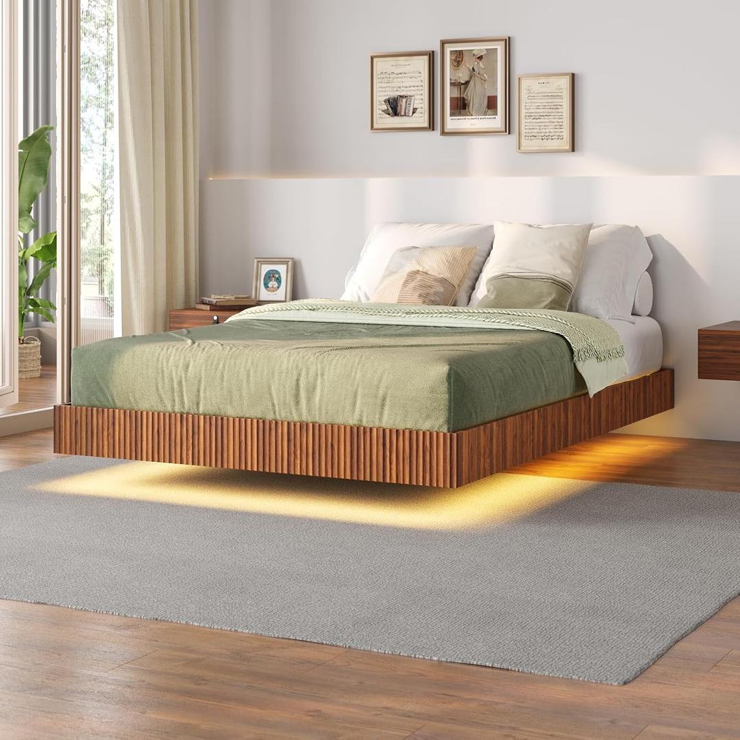 Tatub Walnut Full Floating Bed Frame with LED Lights, Fluted Mid Century Modern Floating Platform Bed with Heavy Duty Metal Slats, No Box Spring Needed (Brown)
