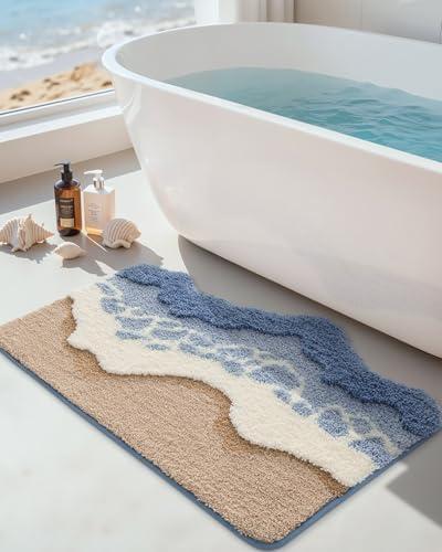 DEXI Cute Bath Mats for Bathroom, 32x20 Washable Absorbent Ocean Wave Bathroom Rugs with Rubber Backing, Extra Soft Plush Microfiber Bathmat for Shower Floor, Tub, Sink, Bedroom, Blue