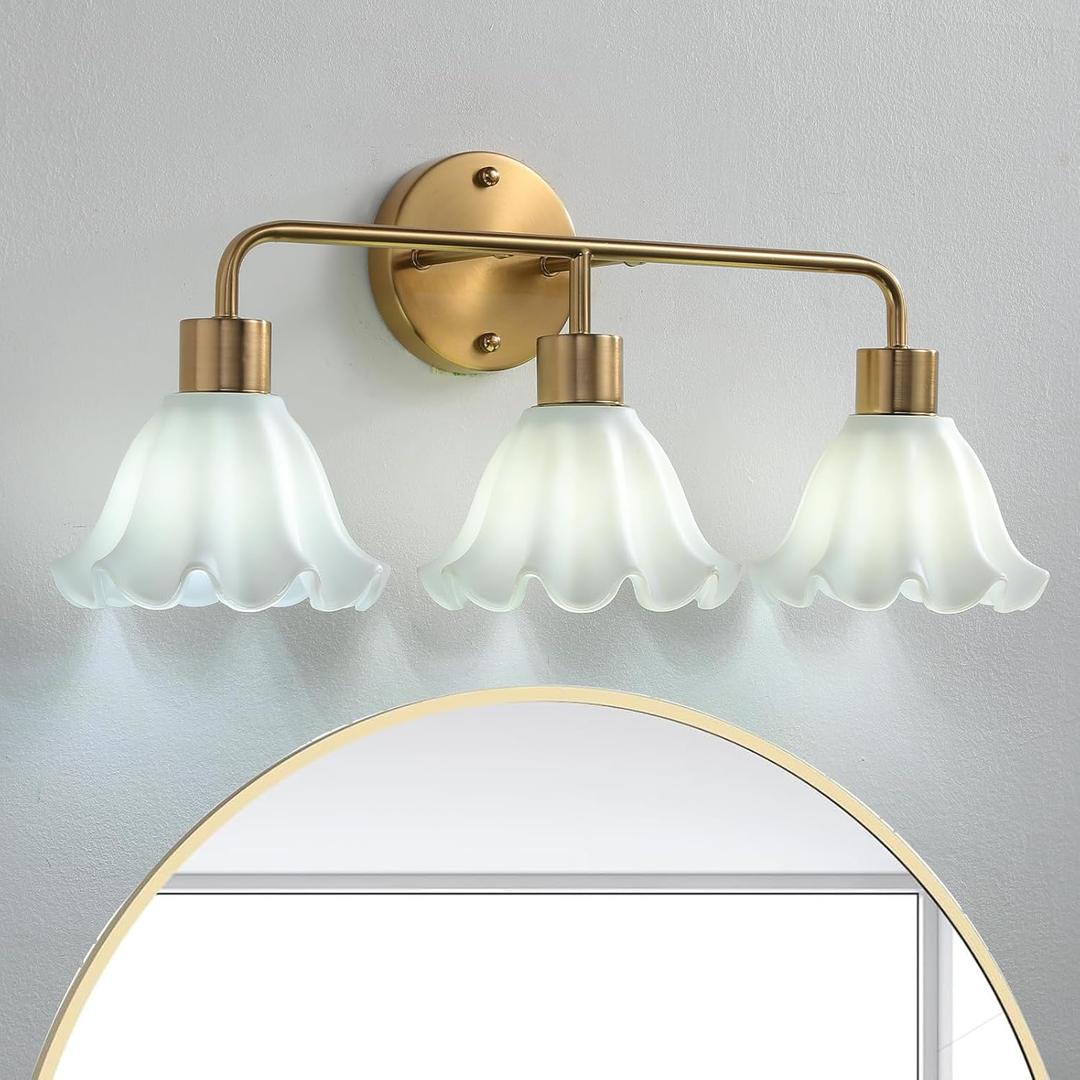 3 Light Gold Brass Bathroom Light Fixture,Brush Gold Vanity Lighting Over Mirror,Cute Milk White Glass Flower Lampshade,E26 Socket(Bulbs Not Included)
