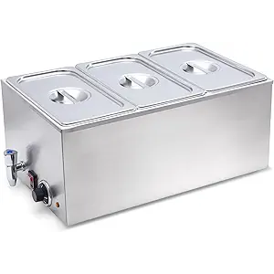 SYBO Commercial Grade Stainless Steel Bain Marie Buffet Food Warmer Steam Table for Catering and Restaurants, Good for Parties Buffet Servers and Warmers, 3 Sections with Tap, Sliver