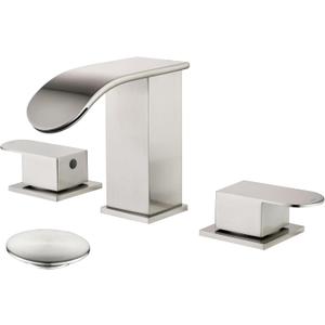 Bathroom Sink Faucet 3 Hole Brushed Nickel, Waterfall Bathroom Faucet with Pop Up Drain and cUPC Supply Line, 2 Handle Metal Widespread Faucet for Bathroom Vanity Sink
