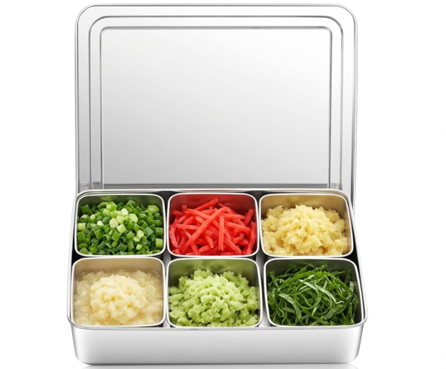 Boao 6 Compartment 304 Yakumi Pans Stainless Steel Seasoning Condiment Container with Lids Spoons, Japanese Yakumi Pans Mini Sauces Salad Dressings Storage for Food, Herbs, Spices