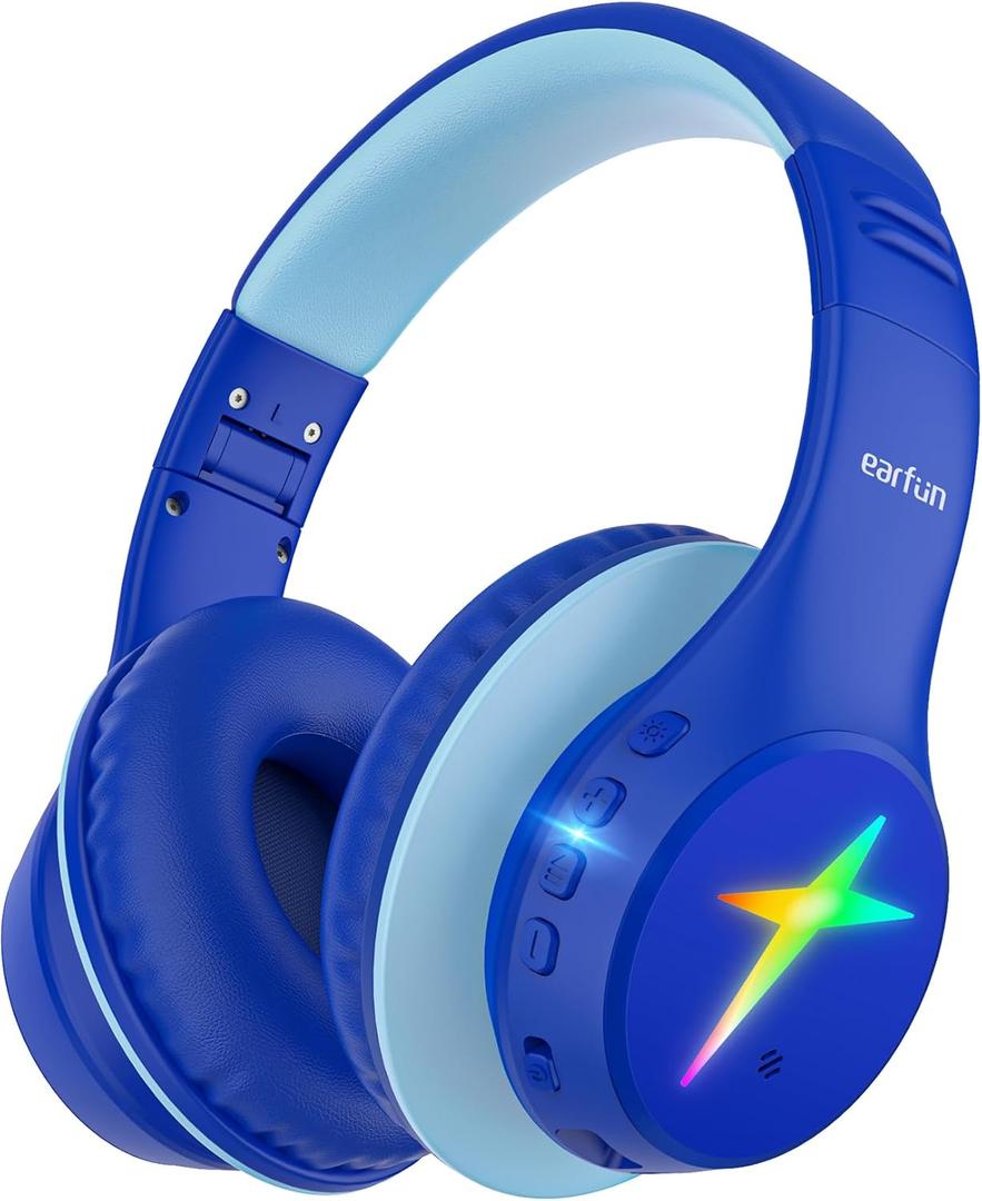 EarFun K4 Kids Bluetooth Headphones, Wireless Headphones with LED Lights, 74/85/94dBA Volume Limited, Built-in Mic, 90H Playtime, Bluetooth 5.4 Over Ear Headphone for iPad/Tablet/PC/School, Blue 