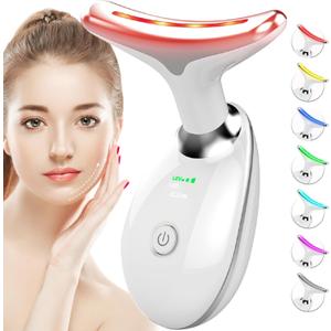 SDKWDH Red Light Therapy for Face and Neck, 7 Color Face Massager Tool for Wrinkles, Double Chin, Vibrating Facial Massager with Thermals for Skin Care, Gifts for Women Men, Glossy White